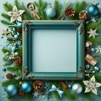 ai generato Natale telaio con abete rami, blu ornamenti e Natale decorazioni su un' blu sfondo foto