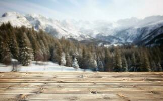 ai generato vuoto inverno legna tavola tavola tavolo con nevicata ai generato foto