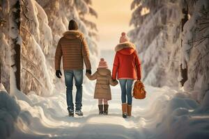 ai generato posteriore Visualizza di famiglia nel inverno vacanza nevoso ai generato foto