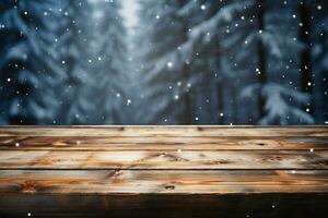 ai generato vuoto inverno legna tavola tavola tavolo con nevicata ai generato foto