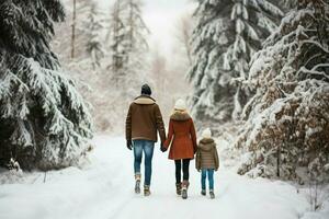 ai generato posteriore Visualizza di famiglia nel inverno vacanza nevoso ai generato foto