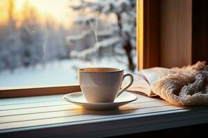 ai generato tazza di tè o caffè boccale su tavolo vicino finestra inverno vacanze ai generato foto