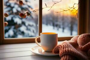 ai generato tazza di tè o caffè boccale su tavolo vicino finestra inverno vacanze ai generato foto