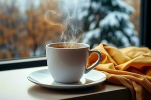 ai generato tazza di tè o caffè boccale su tavolo vicino finestra inverno vacanze ai generato foto