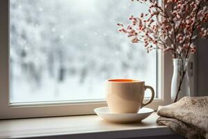 ai generato tazza di tè o caffè boccale su tavolo vicino finestra inverno vacanze ai generato foto