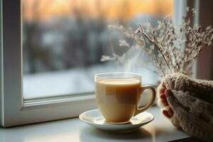 ai generato tazza di tè o caffè boccale su tavolo vicino finestra inverno vacanze ai generato foto