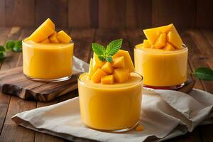 ai generato delizioso Mango panna cotta mousse budino con a dadini Mango polpa carne guarnizione su di legno tavolo sfondo. italiano cucina foto