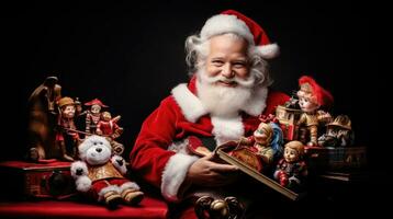 ai generato Santa Claus con Vintage ▾ retrò giocattoli su sfondo con copia spazio foto