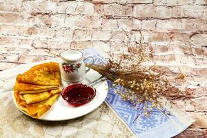 colazione, crema, latte, pancake, cibo, fatti in casa, piatto foto