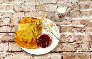 colazione, crema, latte, pancake, cibo, fatti in casa, piatto foto