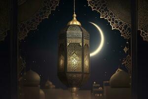 ai generato Arabo lanterna con ardente candela raggiante a notte per musulmano santo mese Ramadan kareem foto