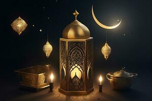 ai generato Arabo lanterna con ardente candela raggiante a notte per musulmano santo mese Ramadan kareem foto