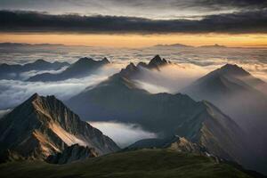 ai generato Alba al di sopra di nebbioso montagna picchi foto