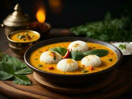 ai generato folle sambar o idli con sambhar e verde, rosso chutney. popolare Sud indiano prima colazione foto