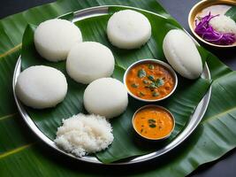 ai generato Sud indiano cibo idli sambar con Noce di cocco chutney foto