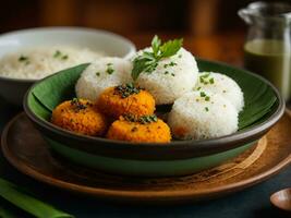 ai generato folle sambar o idli con sambhar e verde, rosso chutney. popolare Sud indiano prima colazione foto