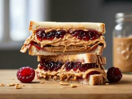 ai generato delizioso arachide burro e gelatina Sandwich su cucina taglio tavola foto