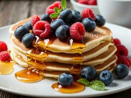 ai generato fatti in casa Pancakes con mirtilli e Miele. foto