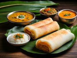 ai generato un' dosa, anche chiamato dosai, docile, o dosha, è un' magro paratha nel Sud indiano cucina foto