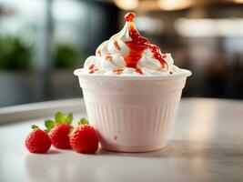 ai generato cremoso vaniglia congelato Yogurt sormontato con fresco tropicale frutta servito nel un' plastica foto