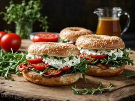 ai generato bagel Sandwich con fresco pollo prosciutto per prima colazione foto