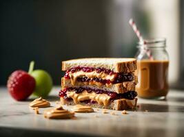 ai generato pane Sandwich con marmellata e arachide burro foto