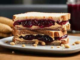 ai generato delizioso arachide burro e gelatina Sandwich su cucina taglio tavola foto