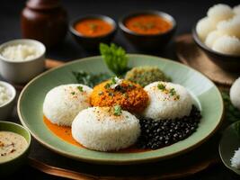 ai generato folle sambar o idli con sambhar e verde, rosso chutney. popolare Sud indiano prima colazione foto