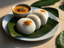 ai generato Sud indiano cibo idli sambar con Noce di cocco chutney foto