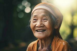 ai generato sorridente anziano asiatico signora all'aperto ritratto. creare ai foto
