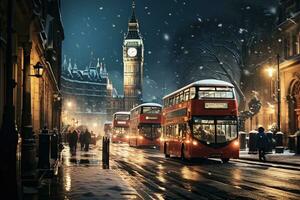 ai generato inverno paesaggio urbano con neve coperto strada di Londra con festivo luci e decorazioni, rosso autobus, un' leggero nevicata, e a tema festivo strada arredamento foto