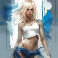 ai generato astratto blu dipingere spruzzo giovane donna con bionda capelli e blu occhi foto