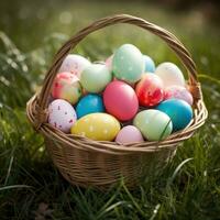 ai generato un' tradizionale Pasqua cestino pieno con colorato uova e annidato nel verde erba. foto