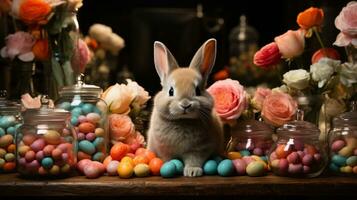 ai generato un' carino coniglietto circondato di colorato uova e seduta nel un' erboso campo foto