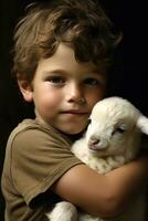 ai generato un' giovane ragazzo dolcemente colpi il lanuginoso pelliccia di un' bambino agnello annidato contento su il suo giro. foto