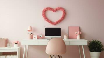 ai generato un' minimalista ufficio con un' a forma di cuore ghirlanda e rosso e rosa Stazionario fornisce foto