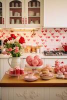 ai generato un' cucina decorato con a forma di cuore biscotto taglierine, rosso e rosa utensili, foto