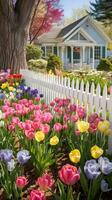 ai generato un' affascinante primavera giardino con un' bianca picchetto recinto e un' mescolare di colorato fiori, foto