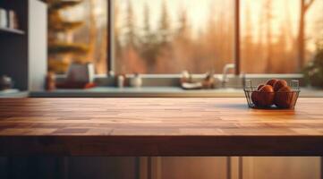 ai generato di legno tavolo nel cucina con sfocato Visualizza di cucina e finestra, foto