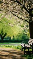 ai generato un' tranquillo, calmo Immagine di un' solitario parco panchina annidato tra fioritura alberi e lussureggiante verde, foto