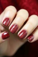 ai generato rosso luccichio chiodo manicure foto