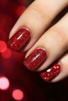 ai generato rosso luccichio chiodo manicure foto