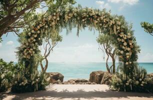 ai generato nozze cerimonia e arcata con tropicale albero e fiore, costiero scenario, foto