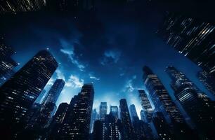ai generato Visualizza a partire dal sotto di il blu e bianca città orizzonte a notte foto