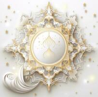 ai generato Ramadan decorazione con d'oro Luna telaio e lanterna foto