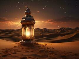 ai generato vecchio Arabo lanterna con un' lanterna su superiore di deserto, foto