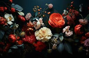 ai generato bellissimo fiori nel vario colori su un' nero sfondo, foto