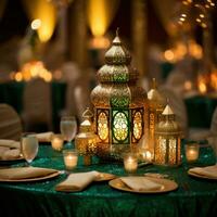 ai generato un opulento verde e oro sfondo con scintillante Arabo calligrafia foto