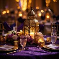 ai generato un' regale viola e oro sfondo con elegante Arabo calligrafia foto