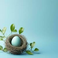 ai generato un' semplice ancora elegante Immagine di un' singolo Pasqua uovo nel un' nido circondato foto